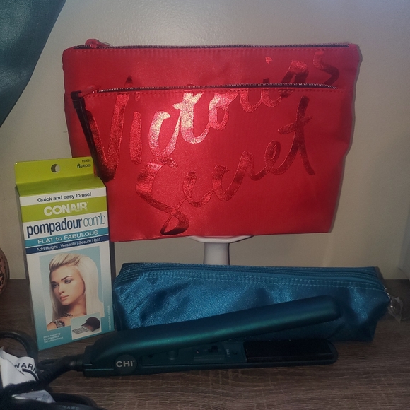 NIB Victoria Secret Red Make up bag. Mini chi straightener. NIB Pompadour Comb